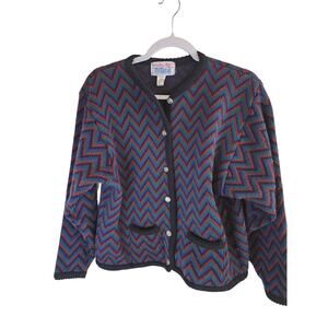 TALLY HO VTG Blue Red Green Chevron Print Button Up Waist Length Cardigan LARGE